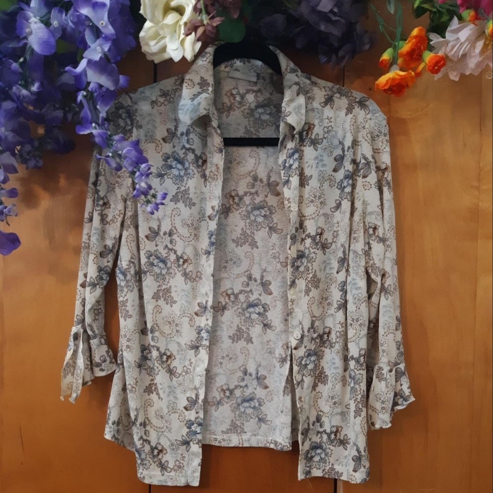 Cream, Beige, and Blue Floral and Paisley Women's Soft Button Down Shirt